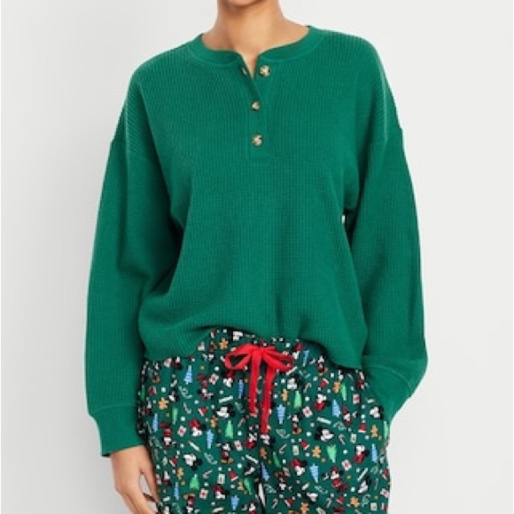 Old Navy Oversized Cozy Waffle Henley Green Top, M